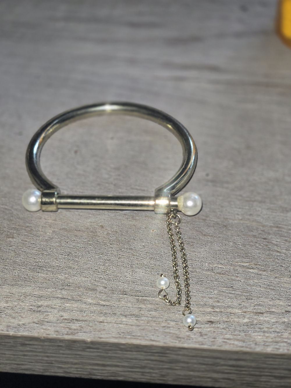 Gold Tone Pearl Accent Hinged Bangle Bracelet